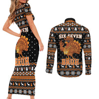 Thanksgiving Turkey Six Seven Bruh Couples Matching Short Sleeve Bodycon Dress and Long Sleeve Button Shirt Meme Gen Alpha Slang - Wonder Print Shop