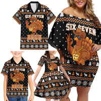 Thanksgiving Turkey Six Seven Bruh Family Matching Off Shoulder Short Dress and Hawaiian Shirt Meme Gen Alpha Slang - Wonder Print Shop