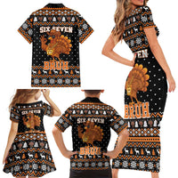 Thanksgiving Turkey Six Seven Bruh Family Matching Short Sleeve Bodycon Dress and Hawaiian Shirt Meme Gen Alpha Slang - Wonder Print Shop