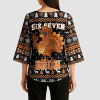 Thanksgiving Turkey Six Seven Bruh Kimono Sleeve Blouse Meme Gen Alpha Slang - Wonder Print Shop