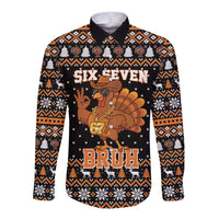 Thanksgiving Turkey Six Seven Bruh Long Sleeve Button Shirt Meme Gen Alpha Slang - Wonder Print Shop