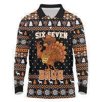 Thanksgiving Turkey Six Seven Bruh Long Sleeve Polo Shirt Meme Gen Alpha Slang - Wonder Print Shop
