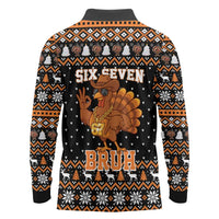 Thanksgiving Turkey Six Seven Bruh Long Sleeve Polo Shirt Meme Gen Alpha Slang - Wonder Print Shop