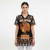 Thanksgiving Turkey Six Seven Bruh Scrub Top Meme Gen Alpha Slang - Wonder Print Shop