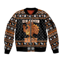 Thanksgiving Turkey Six Seven Bruh Sleeve Zip Bomber Jacket Meme Gen Alpha Slang - Wonder Print Shop