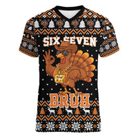 Thanksgiving Turkey Six Seven Bruh Women V-Neck T-Shirt Meme Gen Alpha Slang - Wonder Print Shop