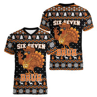 Thanksgiving Turkey Six Seven Bruh Women V-Neck T-Shirt Meme Gen Alpha Slang - Wonder Print Shop
