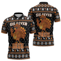 Thanksgiving Turkey Six Seven Bruh Zipper Polo Shirt Meme Gen Alpha Slang - Wonder Print Shop
