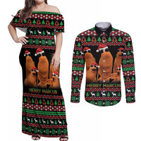 Marcus The Worm Christmas Couples Matching Off Shoulder Maxi Dress and Long Sleeve Button Shirt Funny Gen Alpha Meme Slang - Wonder Print Shop