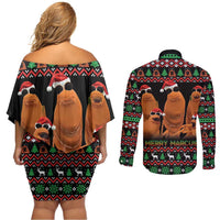 Marcus The Worm Christmas Couples Matching Off Shoulder Short Dress and Long Sleeve Button Shirt Funny Gen Alpha Meme Slang - Wonder Print Shop