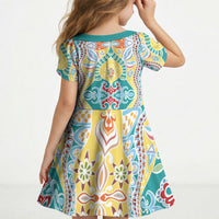Indian Mandala Pattern Kid Short Sleeve Dress Yellow Geometric Floral Mandala