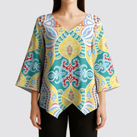 Indian Mandala Pattern Kimono Sleeve Blouse Yellow Geometric Floral Mandala