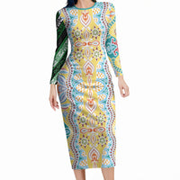 Indian Mandala Pattern Long Sleeve Bodycon Dress Yellow Geometric Floral Mandala