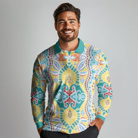 Indian Mandala Pattern Long Sleeve Polo Shirt Yellow Geometric Floral Mandala