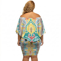 Indian Mandala Pattern Off Shoulder Short Dress Yellow Geometric Floral Mandala