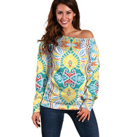 Indian Mandala Pattern Off Shoulder Sweater Yellow Geometric Floral Mandala