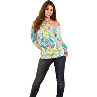 Indian Mandala Pattern Off Shoulder Sweater Yellow Geometric Floral Mandala