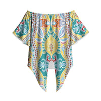 Indian Mandala Pattern Off Shoulder Wrap Waist Top Yellow Geometric Floral Mandala