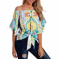 Indian Mandala Pattern Off Shoulder Wrap Waist Top Yellow Geometric Floral Mandala