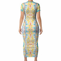 Indian Mandala Pattern Short Sleeve Bodycon Dress Yellow Geometric Floral Mandala