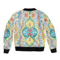 Indian Mandala Pattern Sleeve Zip Bomber Jacket Yellow Geometric Floral Mandala