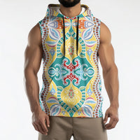 Indian Mandala Pattern Sleeveless Hoodie Yellow Geometric Floral Mandala
