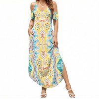 Indian Mandala Pattern Summer Maxi Dress Yellow Geometric Floral Mandala