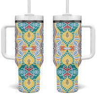 Indian Mandala Pattern Tumbler With Handle Yellow Geometric Floral Mandala