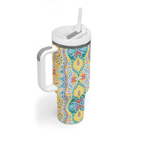 Indian Mandala Pattern Tumbler With Handle Yellow Geometric Floral Mandala