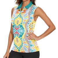 Indian Mandala Pattern Women Sleeveless Polo Shirt Yellow Geometric Floral Mandala