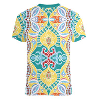 Indian Mandala Pattern Women V-Neck T-Shirt Yellow Geometric Floral Mandala