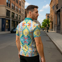 Indian Mandala Pattern Zipper Polo Shirt Yellow Geometric Floral Mandala
