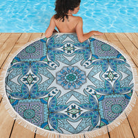 Indian Mandala Pattern Beach Blanket Blue Geometric Floral Mandala