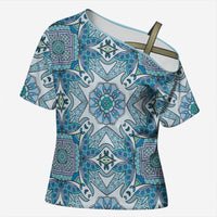 Indian Mandala Pattern Cross Shoulder Shirt Blue Geometric Floral Mandala