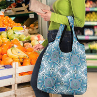Indian Mandala Pattern Grocery Bag Blue Geometric Floral Mandala