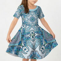 Indian Mandala Pattern Kid Short Sleeve Dress Blue Geometric Floral Mandala