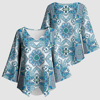 Indian Mandala Pattern Kimono Sleeve Blouse Blue Geometric Floral Mandala