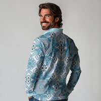 Indian Mandala Pattern Long Sleeve Polo Shirt Blue Geometric Floral Mandala