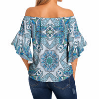 Indian Mandala Pattern Off Shoulder Wrap Waist Top Blue Geometric Floral Mandala