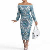 Indian Mandala Pattern Off The Shoulder Long Sleeve Dress Blue Geometric Floral Mandala