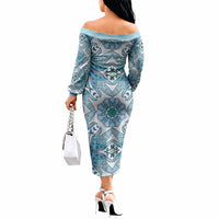 Indian Mandala Pattern Off The Shoulder Long Sleeve Dress Blue Geometric Floral Mandala