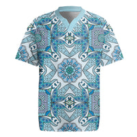 Indian Mandala Pattern Rugby Jersey Blue Geometric Floral Mandala
