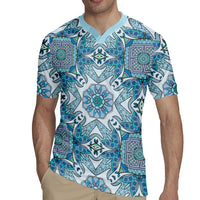 Indian Mandala Pattern Rugby Jersey Blue Geometric Floral Mandala