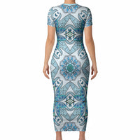 Indian Mandala Pattern Short Sleeve Bodycon Dress Blue Geometric Floral Mandala