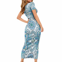 Indian Mandala Pattern Short Sleeve Bodycon Dress Blue Geometric Floral Mandala