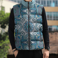 Indian Mandala Pattern Sleeveless Puffer Jacket Blue Geometric Floral Mandala