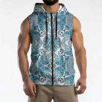 Indian Mandala Pattern Sleeveless Zip Hoodie Blue Geometric Floral Mandala