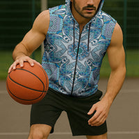 Indian Mandala Pattern Sleeveless Zip Hoodie Blue Geometric Floral Mandala