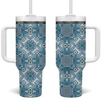 Indian Mandala Pattern Tumbler With Handle Blue Geometric Floral Mandala