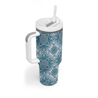 Indian Mandala Pattern Tumbler With Handle Blue Geometric Floral Mandala